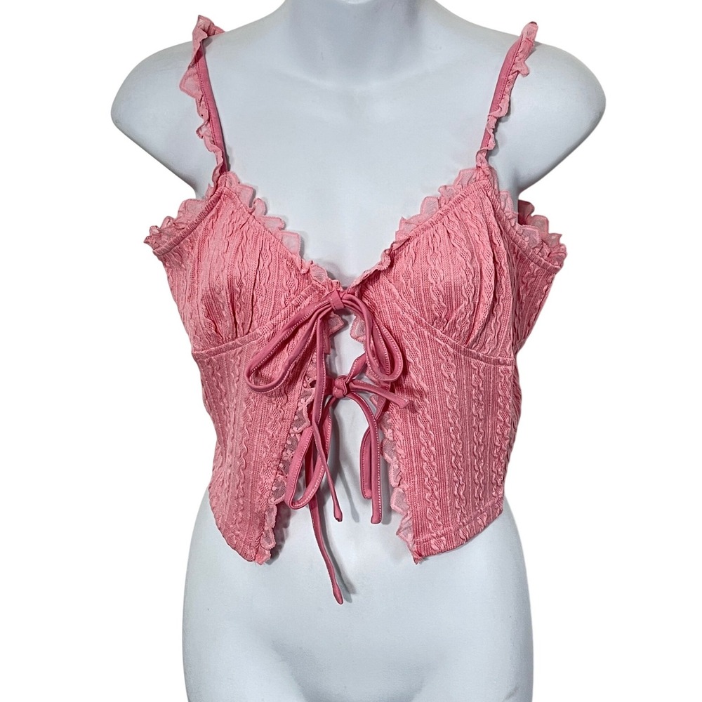 Sugar Thrillz Game Of Lust Crop Top Size Large Pink Tie Front Ruffle Cable Knit